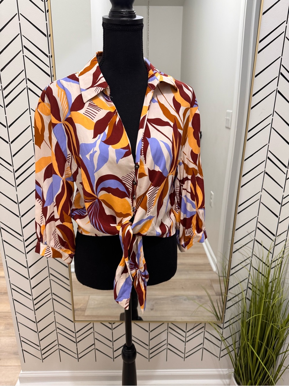 Abstract Floral Tie-Front Button Down Blouse